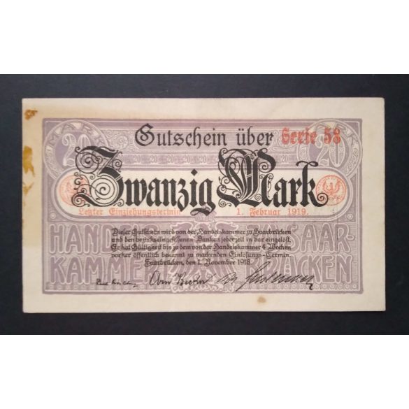 Németország 20 Mark Saarbrücken 1918 VF-