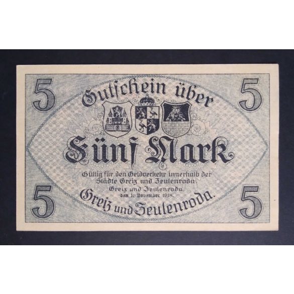 Germany 5 Mark Greiz und Zeulenroda 1918 UNC-