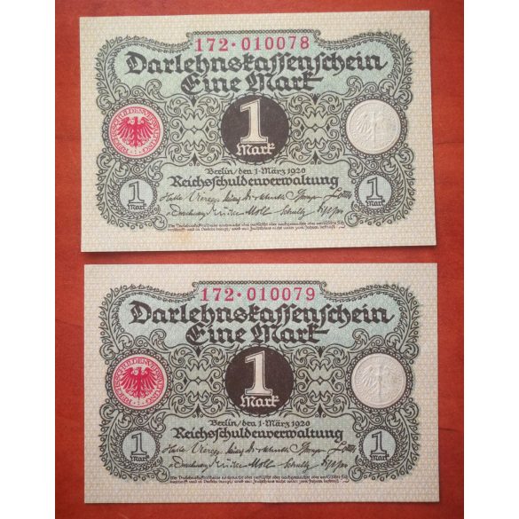 Germany 1 Mark 1920 - 2 pcs. serial number banknote Unc