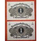 Germany 1 Mark 1920 - 2 pcs. serial number banknote Unc