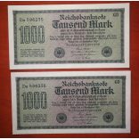 Germany 1000 Mark 1922 - 2 pcs. serial number banknote Unc