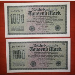 Germany 1000 Mark 1922 - 2 pcs. serial number banknote Unc