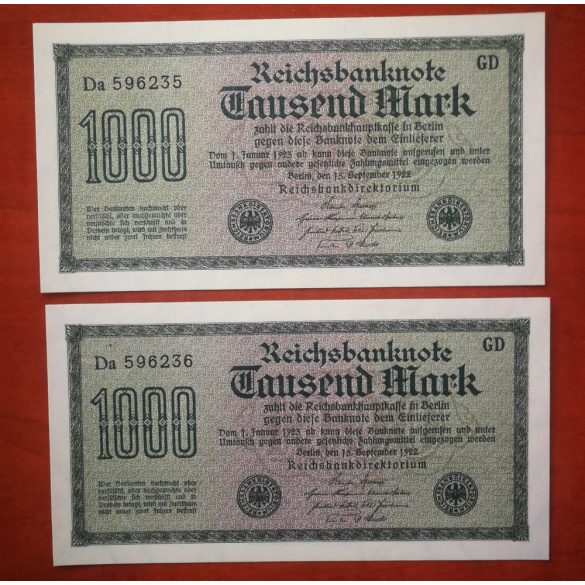 Germany 1000 Mark 1922 - 2 pcs. serial number banknote Unc