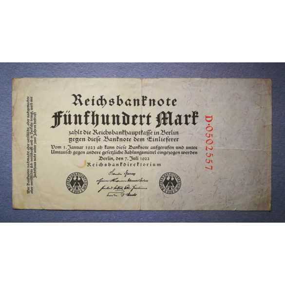 Germany 500 Mark 1922 F red serial Nr.