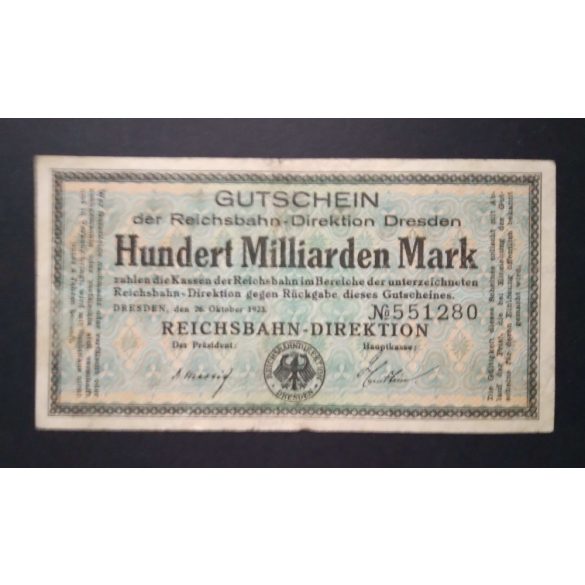 Germany 100 billion Mark Dresden 1923 F 