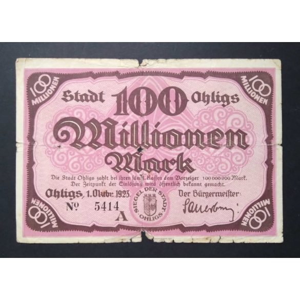 Németország 100 Millió Mark Ohligs 1923 VG