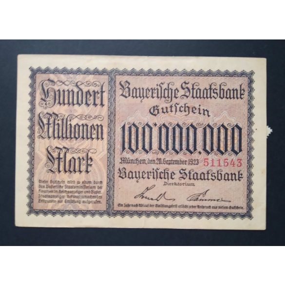 Németország 100 millió Mark München 1923 VF+ bélyeggel 