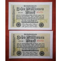   Germany 10 million Mark 1910 - 2 pcs. serial number banknote UNC