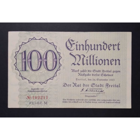 Németország 100 millió Mark Freital 1923 UNC-