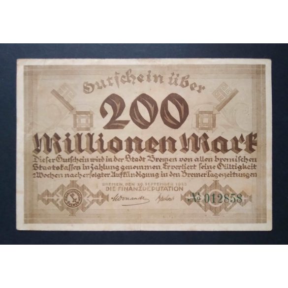 Németország 200 Millió Mark Bremen 1923 VF 