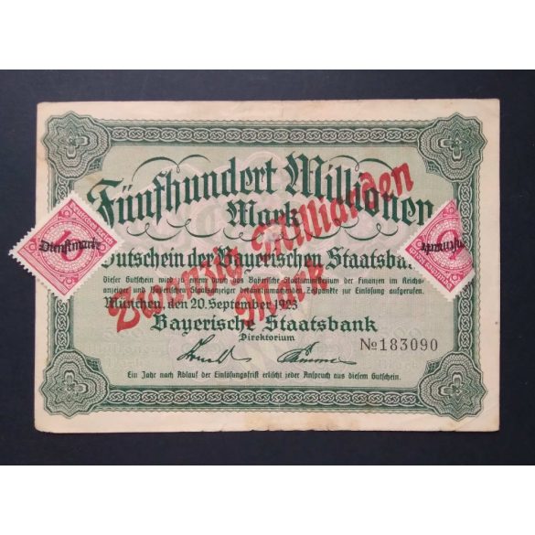 Németország 500 millió/ 20 milliárd Mark München 1923 VF+ bélyeggel 