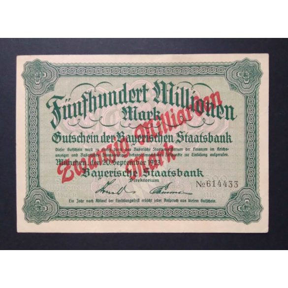 Németország 500 millió/ 20 milliárd Mark München 1923 XF+ 