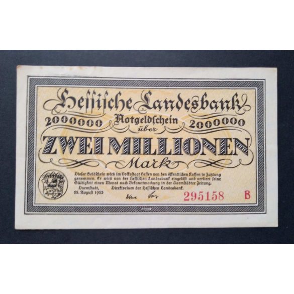 Németország 2 Millió Mark Darmstadt 1923 VF+ 