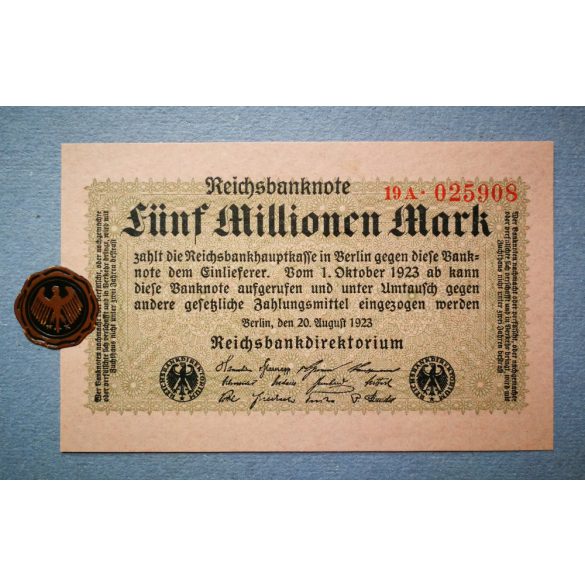 Germany 5 million Mark 1923 UNC with plombe