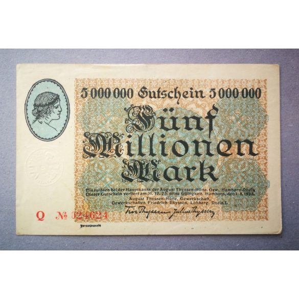 Németország Hamborn am Rhein 5 millió Mark 1923 VF