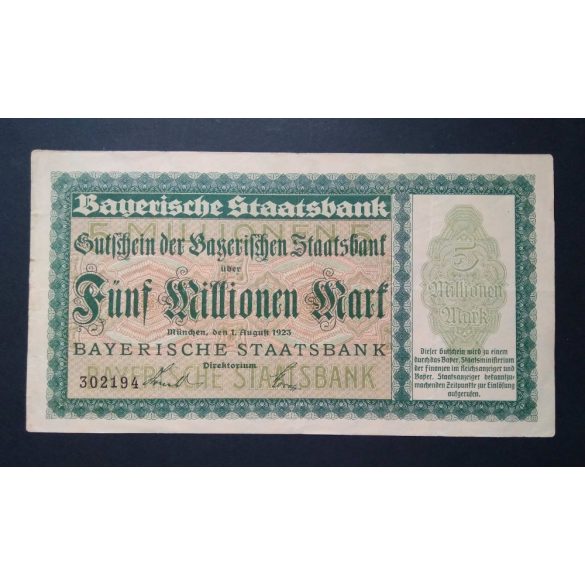 Németország 5 Millió Mark München 1923 VF fekete sorszám