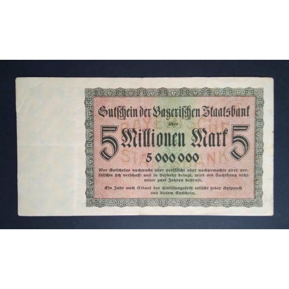 Germany 5 Million Mark 1923 VF Munich black serial
