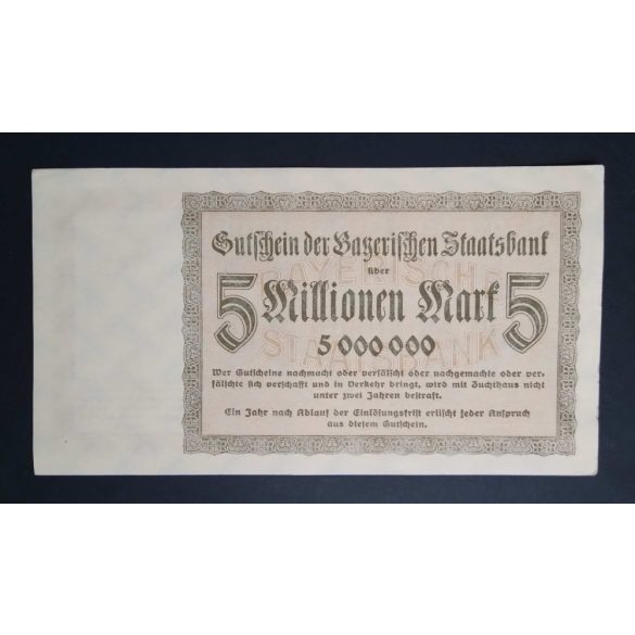 Germany 5 Million Mark 1923 XF+ Munich red serial