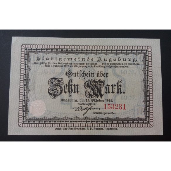 Germany Augsburg 10 Mark 1918 AUNC