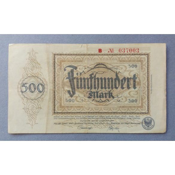 Németország Dortmund 500 Mark 1923 VF