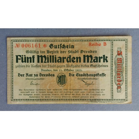 Germany Dresden 5 billion Mark 1923 F+