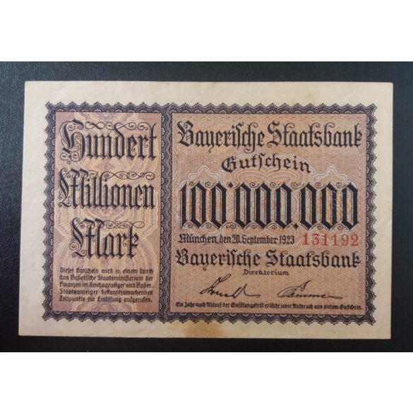 Germany Munchen 100 million Mark 1923 XF+