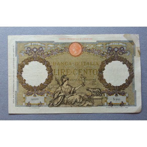 Italy 100 Lire 1926 missing corner, replaced by gluing 