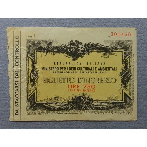 Italy 250 Lire ticket for fine arts antiques 