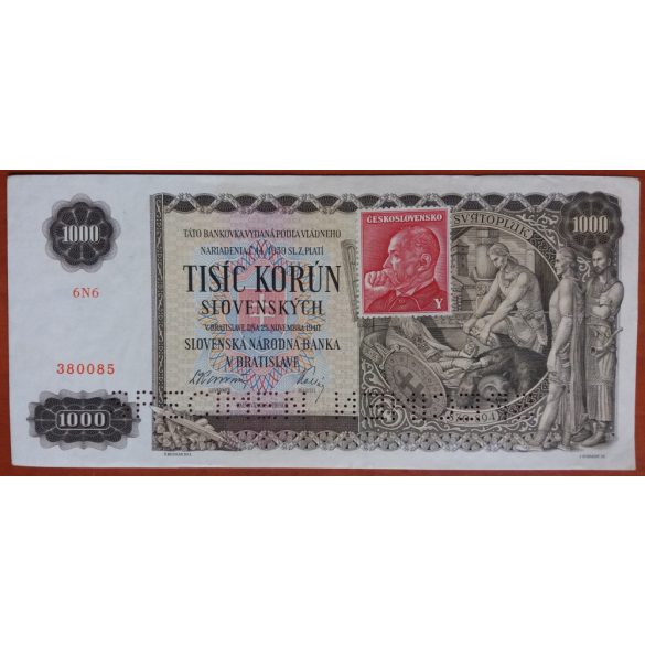 Szlovákia 1000 Korona 1940 Csehszlovák bélyeggel Specimen XF+