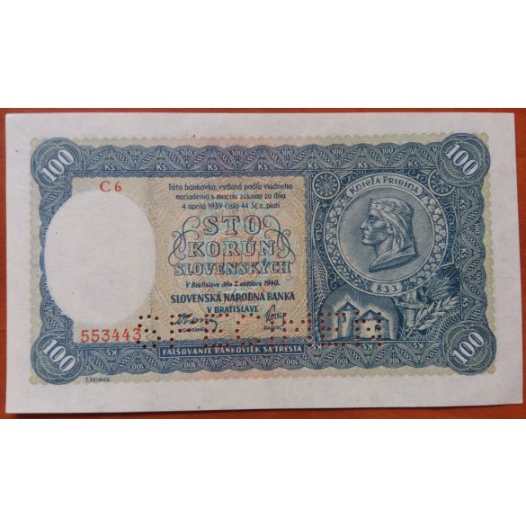Szlovákia 100 Korún 1940 Specimen aUNC+