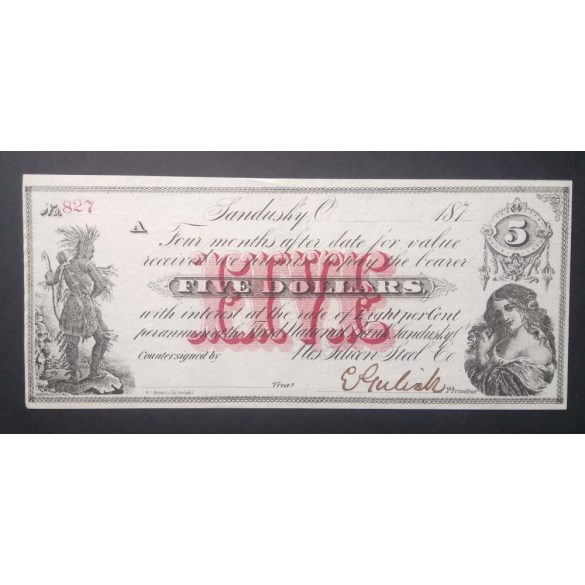 USA Sandusky Nes Silicon Steel Co. & Bank Ohio 5 Dollars 1870-es évek Unc-