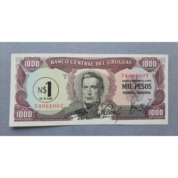 Uruguay 1000 Pesos 1 Peso felülbélyegzés 1967/75 XF+