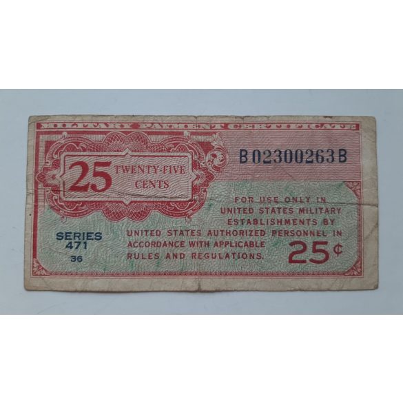 Usa 25 Cents 1947 Military Payment Certificate F