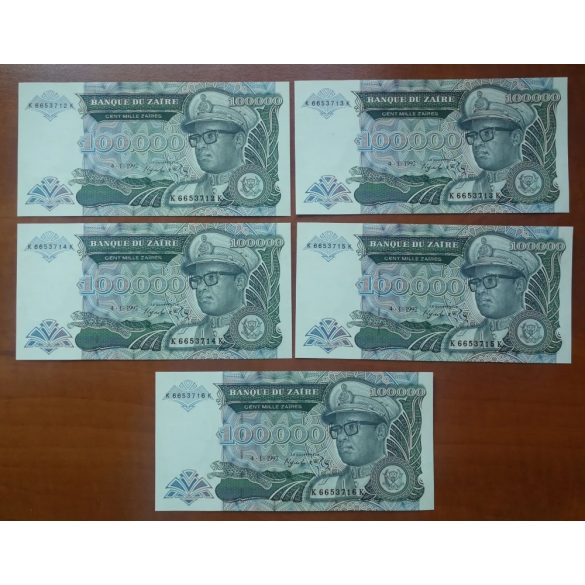 Zaire 100000 Zaires 1992 UNC - 5 serial number tracking banknotes