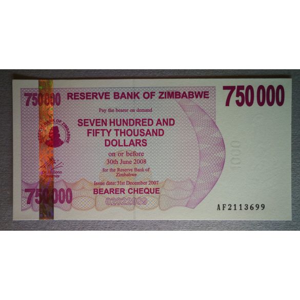 Zimbabwe 750000 Dollars 2007 UNC