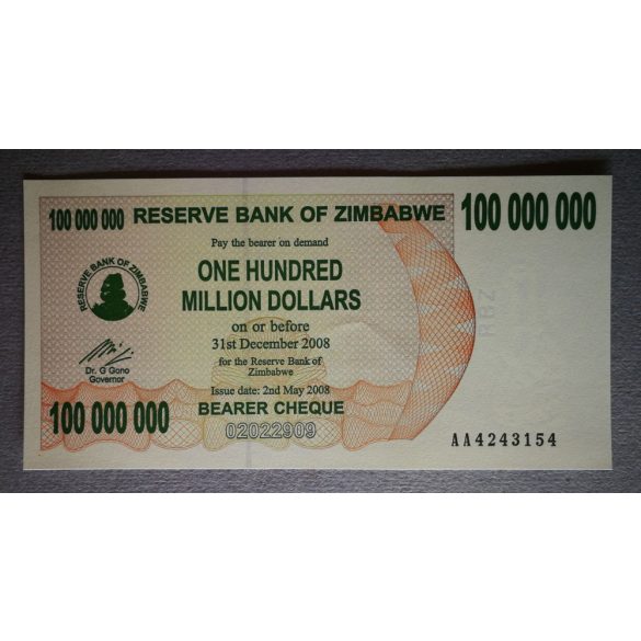 Zimbabwe 100 Million Dollars 2008 aUNC