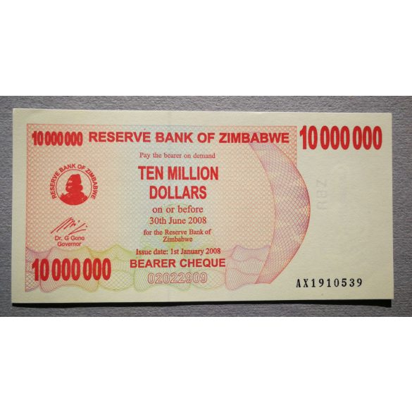 Zimbabwe 10 Million Dollars 2008 aUNC+